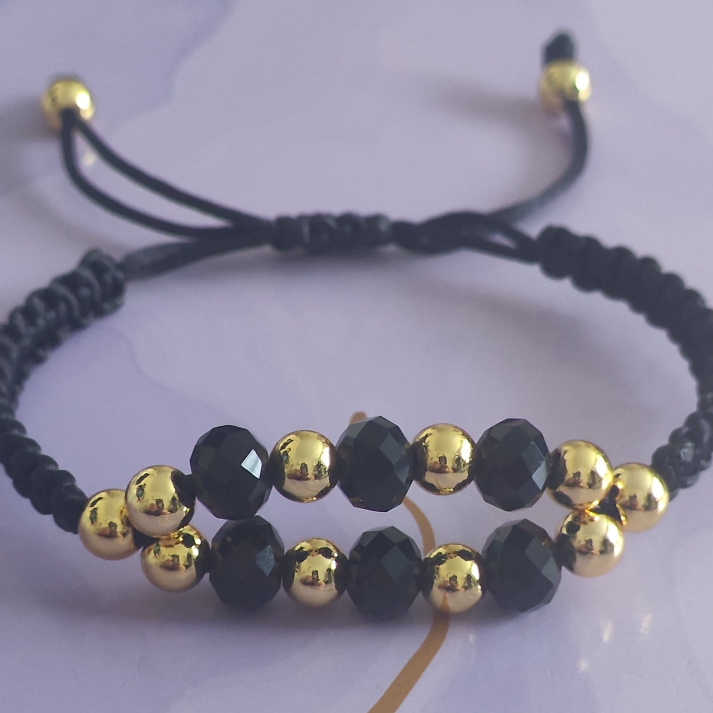 Black Crystal & Gold Macrame Bracelet