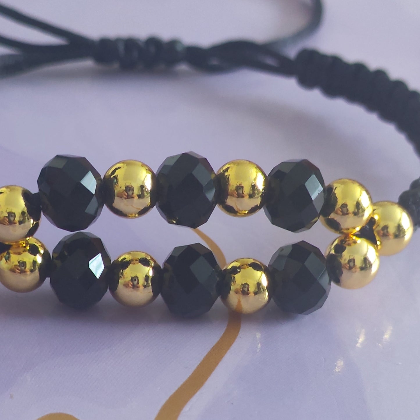 Black Crystal & Gold Macrame Bracelet