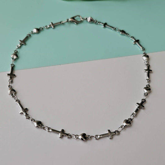 Cross & Hearts Silver chain anklet