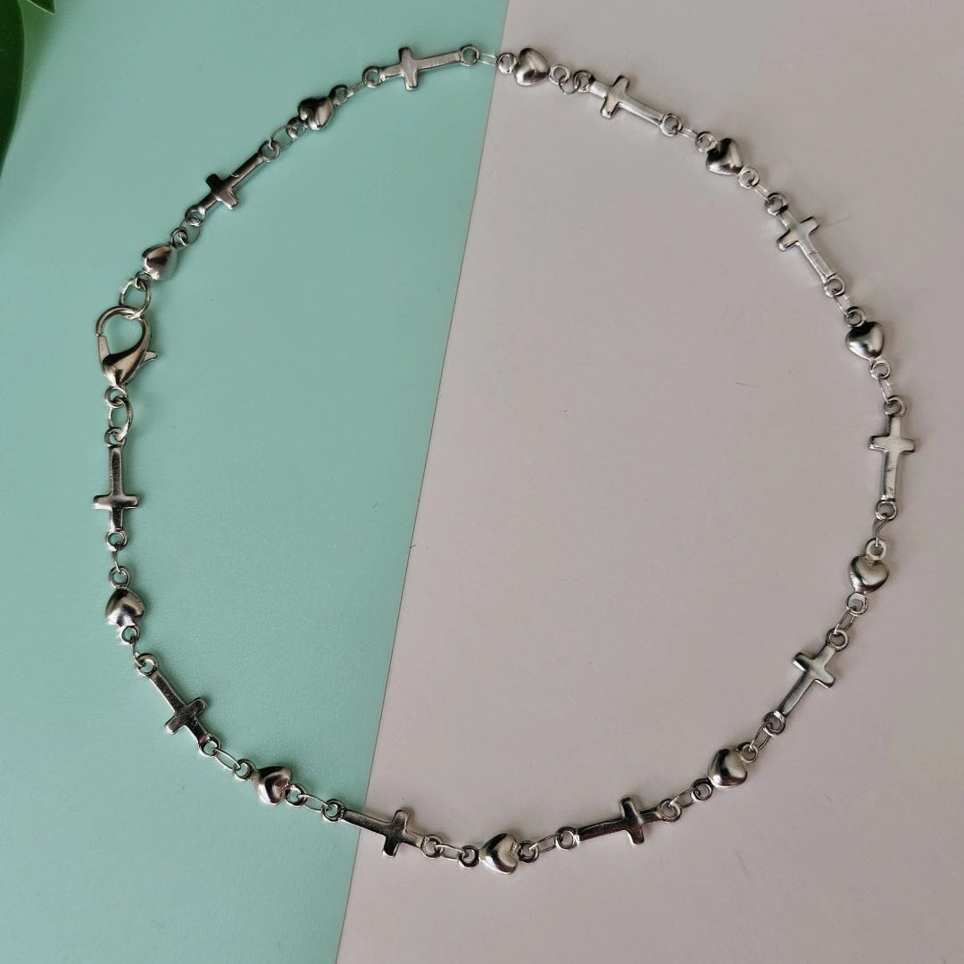 Cross & Hearts Silver chain anklet