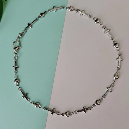 Cross & Hearts Silver chain anklet