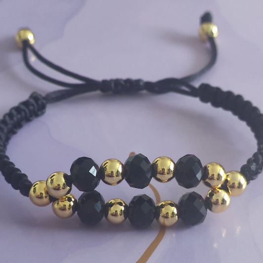 Black Crystal & Gold Macrame Bracelet