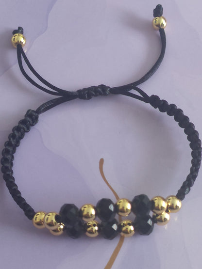 Black Crystal & Gold Macrame Bracelet