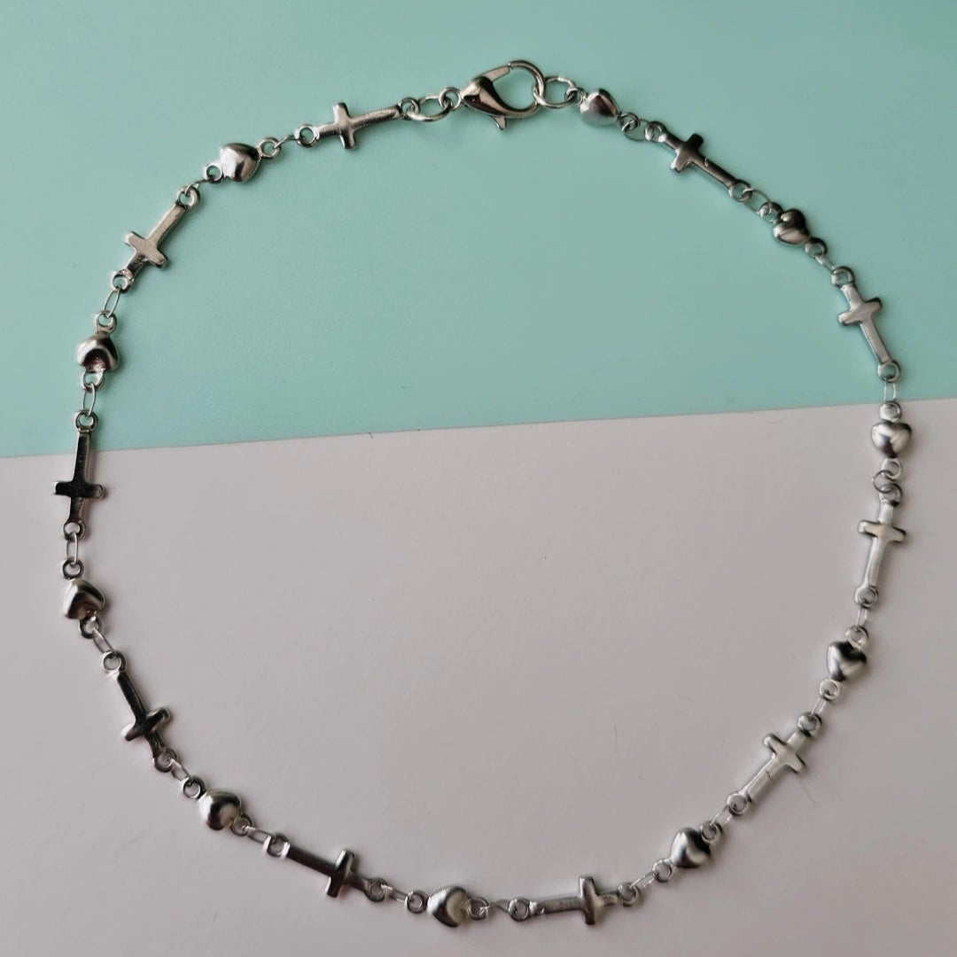 Cross & Hearts Silver chain anklet