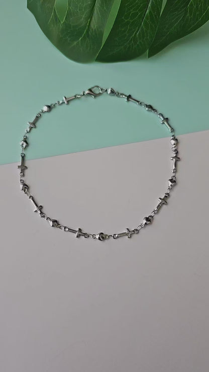 Cross & Hearts Silver chain anklet